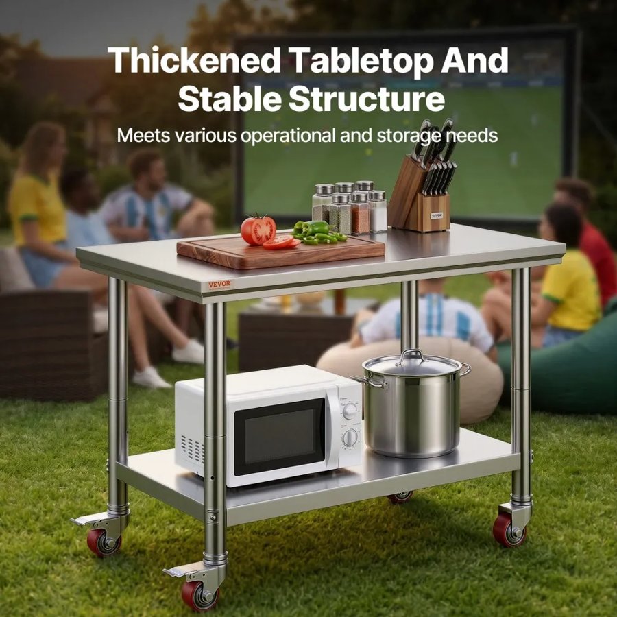 VEVOR 24 x 36 Stainless Steel Work Table – 700 LBS, 4 Wheels