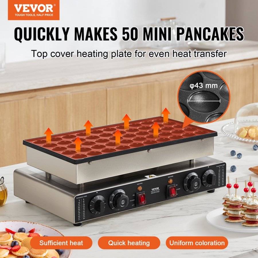 VEVOR Mini Dutch Pancakes Maker – 50 PCS, 43 mm, 1700 W