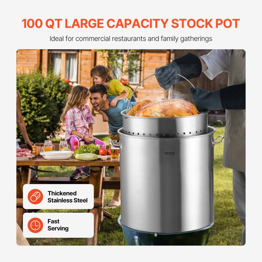 VEVOR 100 QT Stainless Pot – 94.6 L capacity, 0.8 mm Bottom