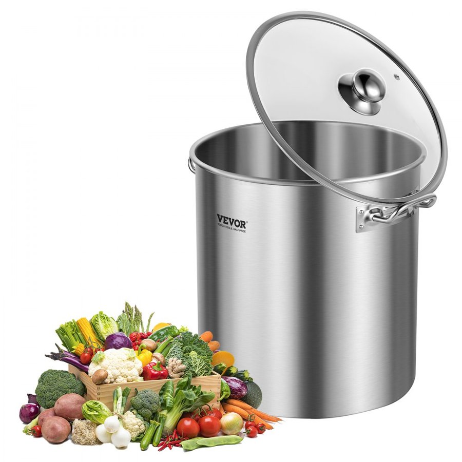VEVOR Stainless Steel Stockpot, 24 Quart Cooking Pots, Cookware Sauce Pot with Lid, and Handle, Heavy Duty Commercial Grade Stock Pot, Sanding Treatment, for Steaming Boiling or Frying Silver