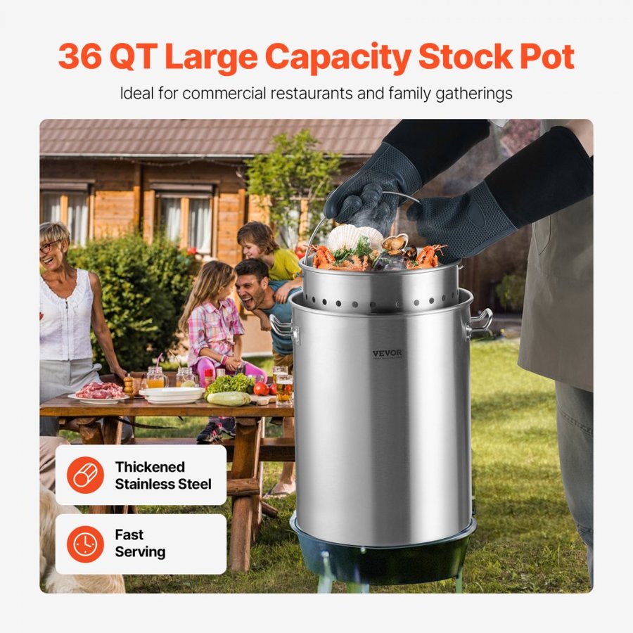 VEVOR Stainless Steel Stockpot, 36 Quart Cooking Pots, Cookware Sauce Pot with Basket, Lid, and Handle, Heavy Duty Commercial Grade Stock Pot, Sanding Treatment, for Steaming Boiling or Frying Silver