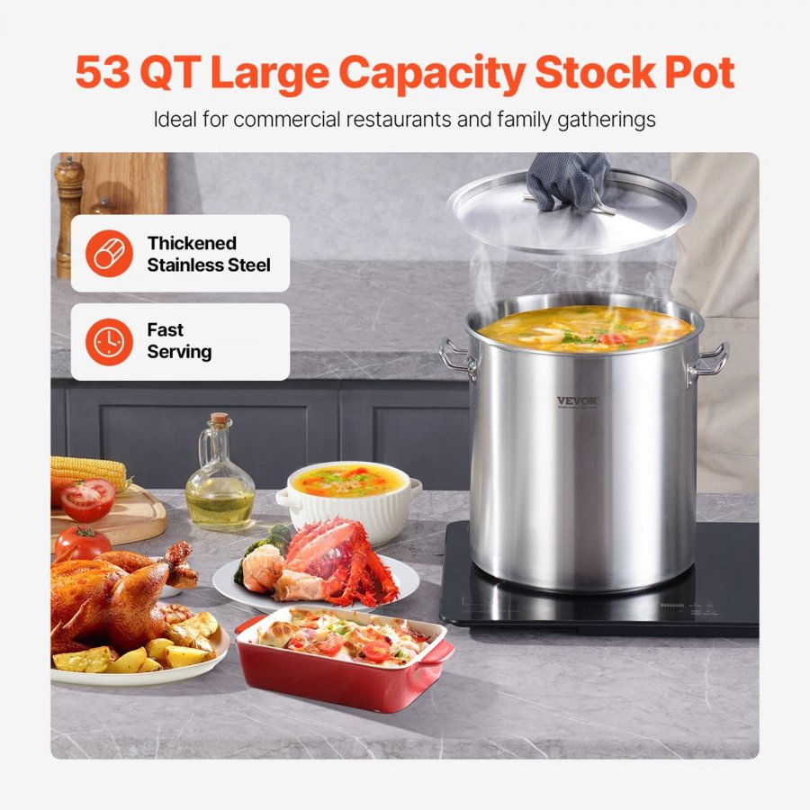 VEVOR Stainless Steel Stockpot with Lid – 53 QT, 3mm, 50.1 L