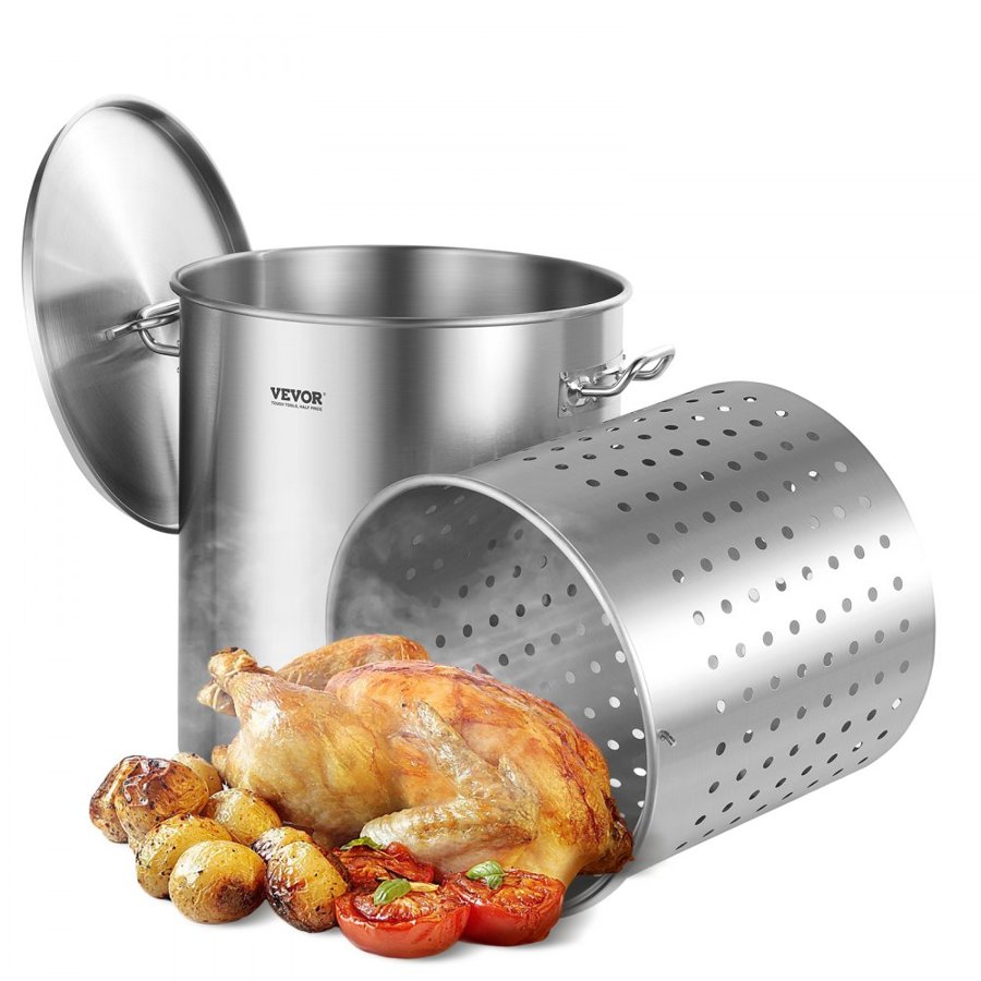 VEVOR Stainless Steel Stockpot, 54L Large Cooking Pots, Cookware Sauce Pot with Basket, Lid, and Handle, Heavy Duty Commercial Grade Stock Pot, Sanding Treatment, for Large Groups Events Silver