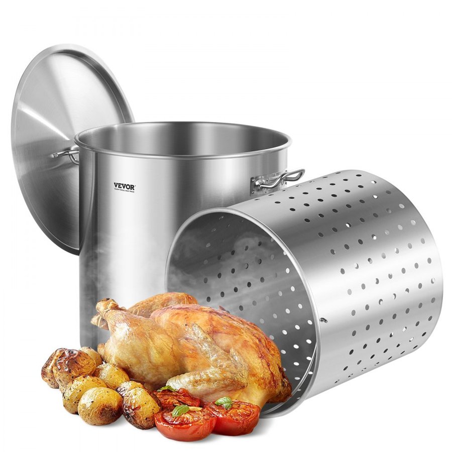 VEVOR Stainless Steel Stockpot, 84 Quart Large Cooking Pots, Cookware Sauce Pot with Basket, Lid, and Handle, Heavy Duty Commercial Grade Stock Pot, Sanding Treatment, for Large Groups Events Silver