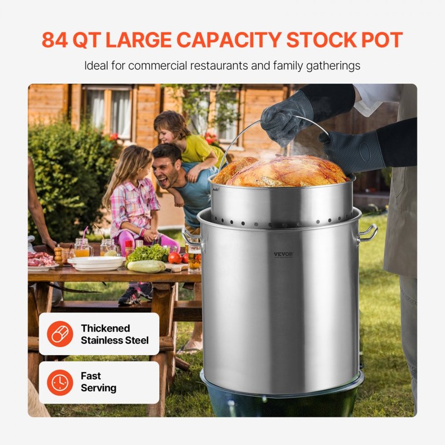 VEVOR Stainless Steel Stockpot, 84 Quart Large Cooking Pots, Cookware Sauce Pot with Basket, Lid, and Handle, Heavy Duty Commercial Grade Stock Pot, Sanding Treatment, for Large Groups Events Silver