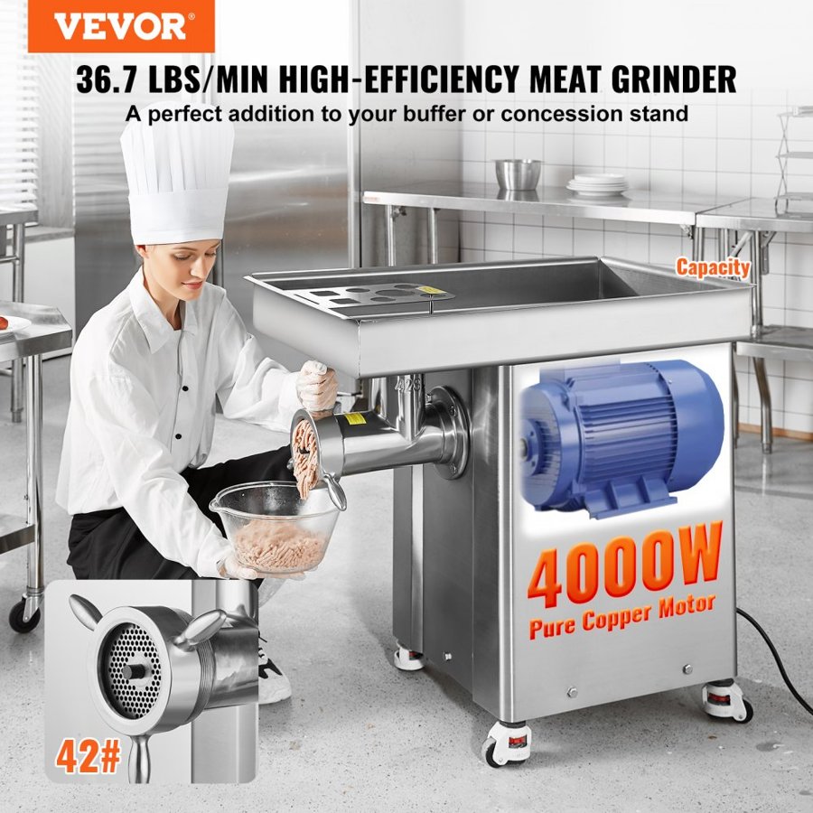 VEVOR Meat Grinder, 36.7 Lbs/Min Capacity Electric Meat Grinders w/ Blade, Grinding Plate, Sausage Maker, Stainless Steel Commercial Meat Mincer for Kitchen Restaurant Butcher Store