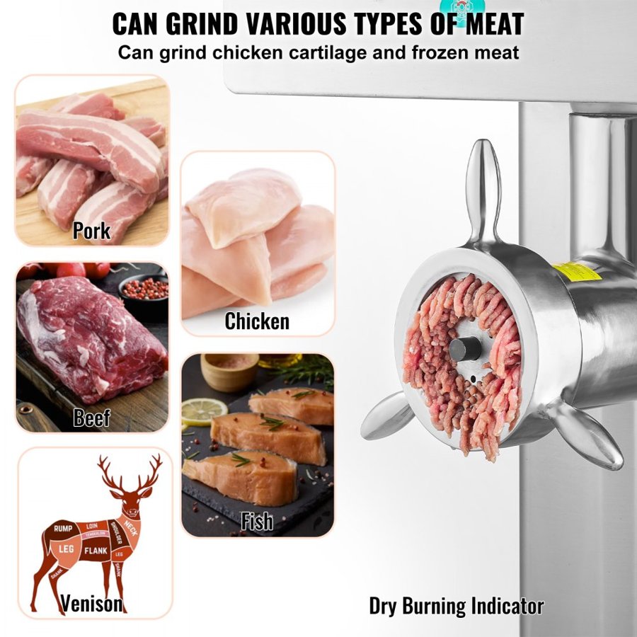 VEVOR Meat Grinder, 36.7 Lbs/Min Capacity Electric Meat Grinders w/ Blade, Grinding Plate, Sausage Maker, Stainless Steel Commercial Meat Mincer for Kitchen Restaurant Butcher Store