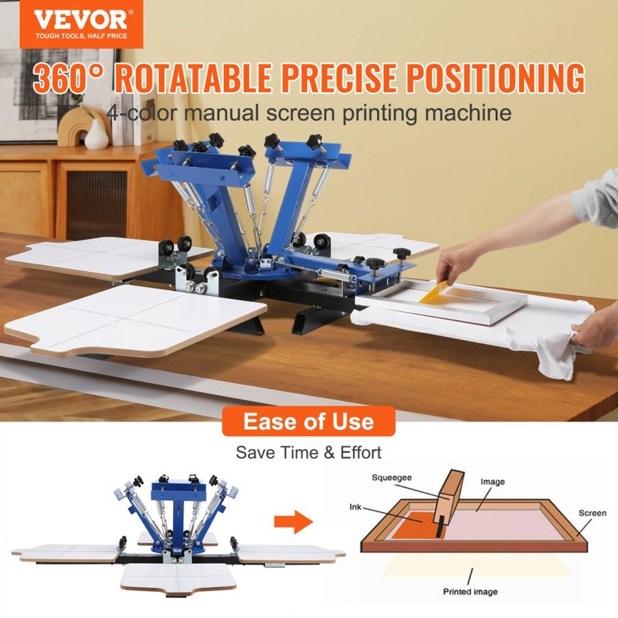 VEVOR Screen Printing Machine, 4 Color 4 Station 360° Rotable Silk Screen Printing Press, 21.2x17.7in / 54x45cm Screen Printing Press, Double-layer Positioning Pallet for T-shirt DIY Printing