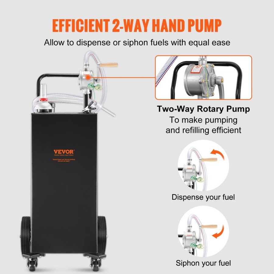 VEVOR Fuel Caddy, 35 Gallon, Gas Storage Tank on 4 Wheels, with Manual Transfer Pump, Gasoline Diesel Fuel Container for Cars, Lawn Mowers, ATVs, Boats, More, Black