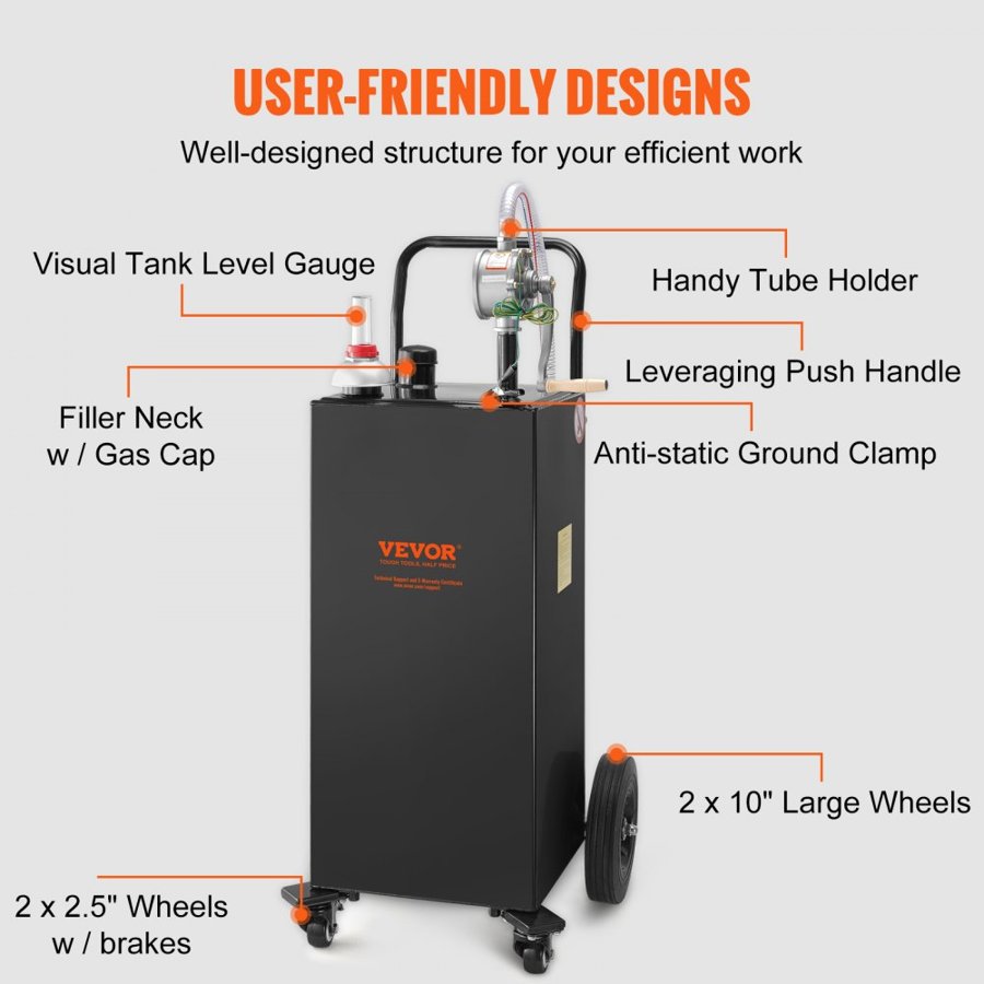 VEVOR Fuel Caddy, 35 Gallon, Gas Storage Tank on 4 Wheels, with Manual Transfer Pump, Gasoline Diesel Fuel Container for Cars, Lawn Mowers, ATVs, Boats, More, Black