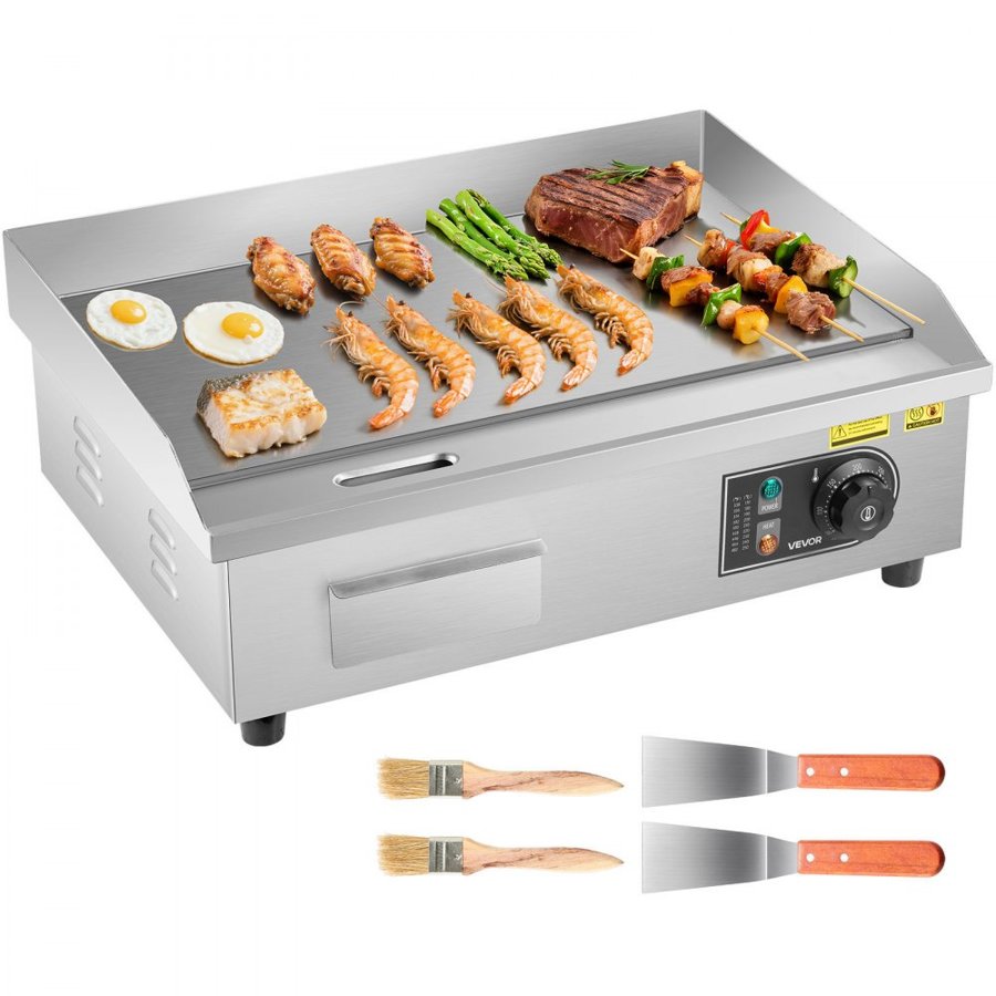 VEVOR Commercial Electric Grill, 535×300mm, 3200W, 50–300°C adjustable temperature control, stainless steel (outer shell), commercial flat grill pan, comes with 2 scrapers, 2 brushes and 4 feet, suitable for steaks and pancakes.