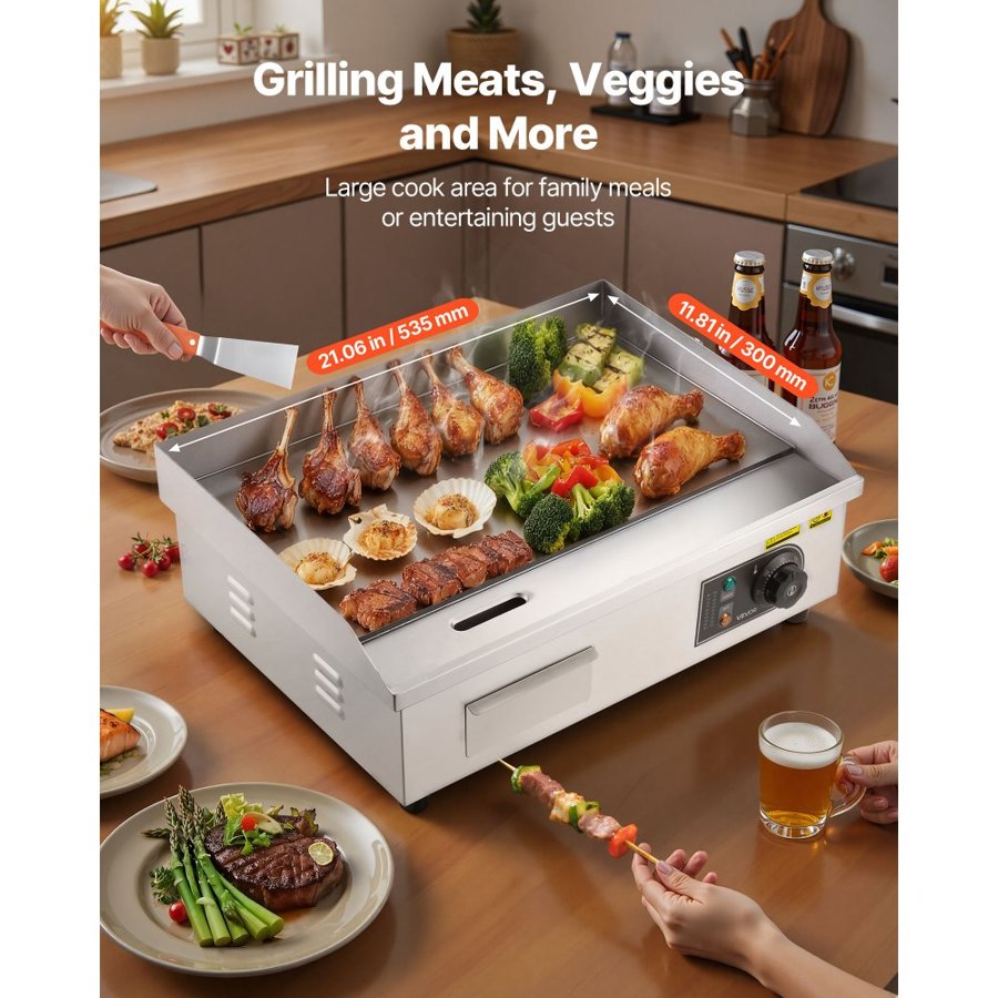 VEVOR Commercial Electric Grill, 535×300mm, 3200W, 50–300°C adjustable temperature control, stainless steel (outer shell), commercial flat grill pan, comes with 2 scrapers, 2 brushes and 4 feet, suitable for steaks and pancakes.