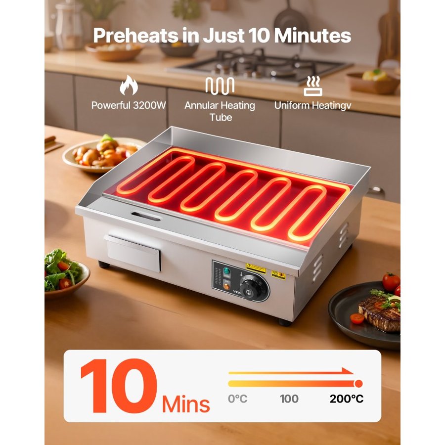 VEVOR Commercial Electric Grill, 535×300mm, 3200W, 50–300°C adjustable temperature control, stainless steel (outer shell), commercial flat grill pan, comes with 2 scrapers, 2 brushes and 4 feet, suitable for steaks and pancakes.
