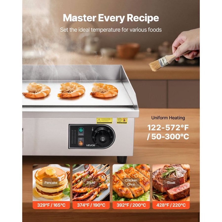 VEVOR Commercial Electric Grill, 535×300mm, 3200W, 50–300°C adjustable temperature control, stainless steel (outer shell), commercial flat grill pan, comes with 2 scrapers, 2 brushes and 4 feet, suitable for steaks and pancakes.