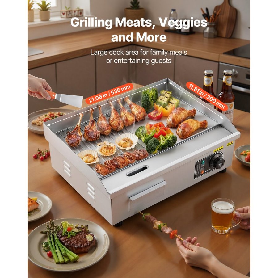 VEVOR Commercial Electric Griddle, 535 x 300 mm, 3200W, 50-300°C Adjustable Temp Control, Stainless Steel Body, Half Grooved Half Flat, with 2 Spatulas, 2 Brushes, and 4 Foot Pads, for Steak, Pancake