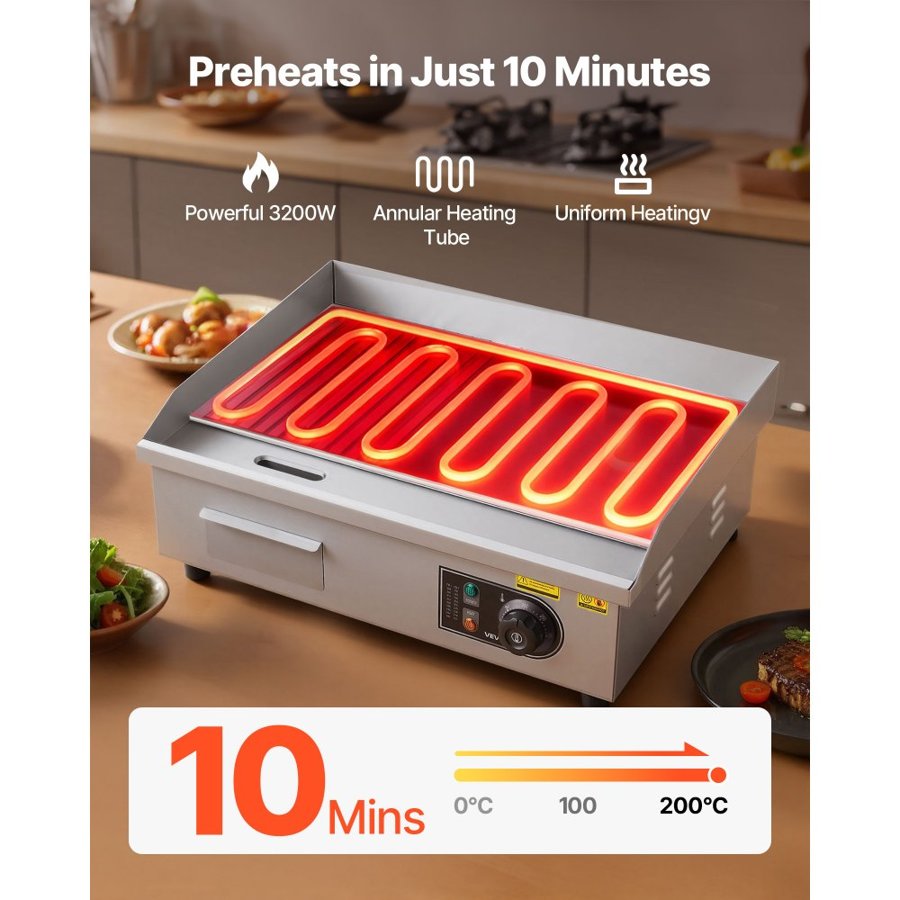 VEVOR Commercial Electric Griddle, 535 x 300 mm, 3200W, 50-300°C Adjustable Temp Control, Stainless Steel Body, Half Grooved Half Flat, with 2 Spatulas, 2 Brushes, and 4 Foot Pads, for Steak, Pancake