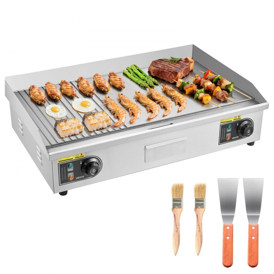 VEVOR Commercial Electric Grill, 28.54 x 15.75 inches, 4400W, 122–570°F adjustable temperature control, stainless steel (outer shell), commercial grill pan, countertop pan, half-groove, half-flat, comes with 2 scrapers and 2 brushes, suitable for steaks (no plug).