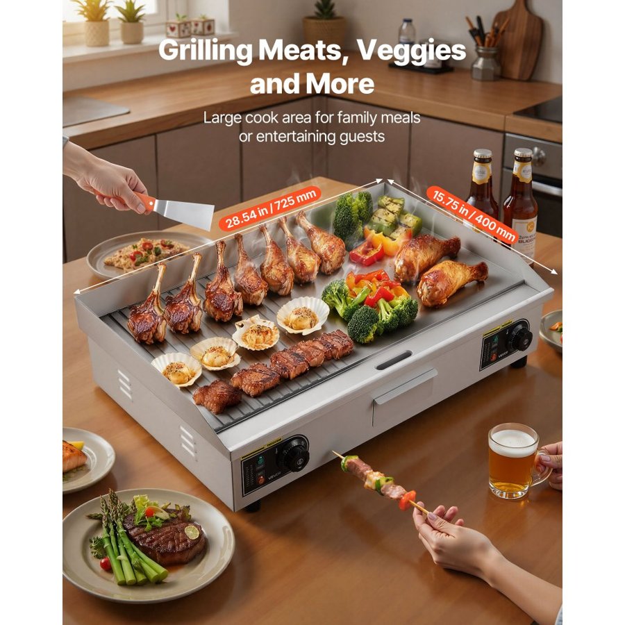 VEVOR Commercial Electric Grill, 28.54 x 15.75 inches, 4400W, 122–570°F adjustable temperature control, stainless steel (outer shell), commercial grill pan, countertop pan, half-groove, half-flat, comes with 2 scrapers and 2 brushes, suitable for steaks (no plug).