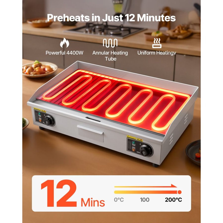 VEVOR Commercial Electric Grill, 28.54 x 15.75 inches, 4400W, 122–570°F adjustable temperature control, stainless steel (outer shell), commercial grill pan, countertop pan, half-groove, half-flat, comes with 2 scrapers and 2 brushes, suitable for steaks (no plug).