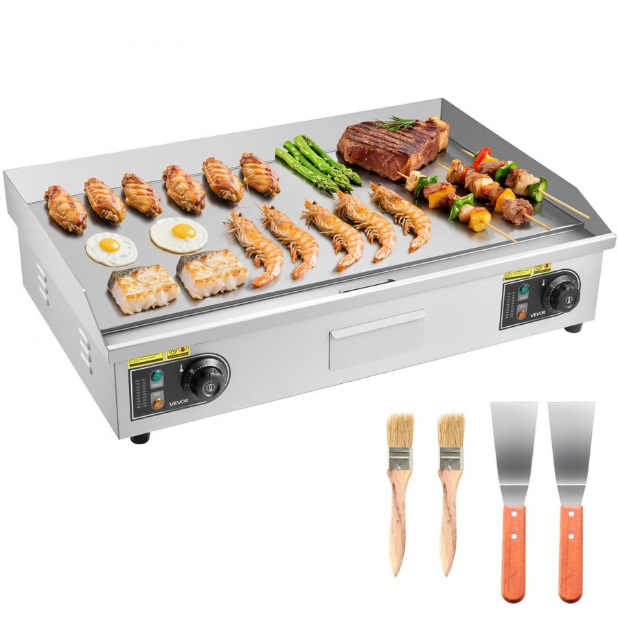 VEVOR Commercial Electric Grill, 725×400mm, 4400W, 50–300°C Adjustable Temperature Control, Stainless Steel (Outer Shell), Commercial Grill Pan, Countertop Grill Pan, Comes with 2 Spatulas and 2 Brushes, Suitable for Steaks and Pancakes (No Plug).