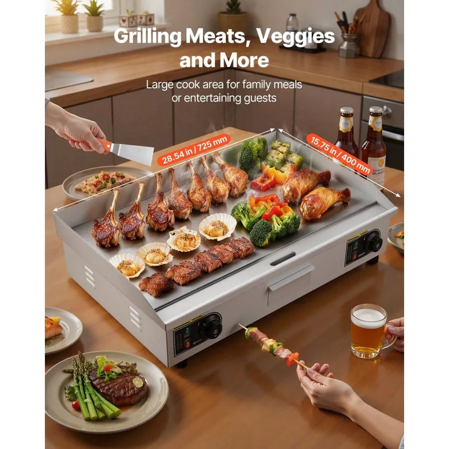 VEVOR Commercial Electric Grill, 725×400mm, 4400W, 50–300°C Adjustable Temperature Control, Stainless Steel (Outer Shell), Commercial Grill Pan, Countertop Grill Pan, Comes with 2 Spatulas and 2 Brushes, Suitable for Steaks and Pancakes (No Plug).