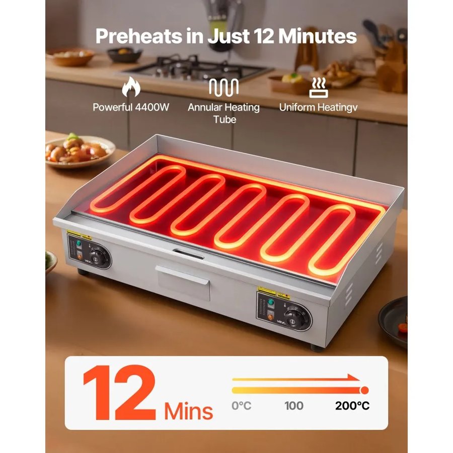 VEVOR Commercial Electric Grill, 725×400mm, 4400W, 50–300°C Adjustable Temperature Control, Stainless Steel (Outer Shell), Commercial Grill Pan, Countertop Grill Pan, Comes with 2 Spatulas and 2 Brushes, Suitable for Steaks and Pancakes (No Plug).