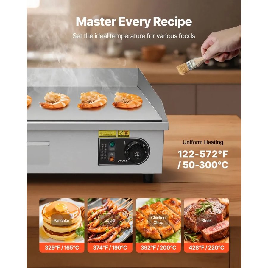 VEVOR Commercial Electric Grill, 725×400mm, 4400W, 50–300°C Adjustable Temperature Control, Stainless Steel (Outer Shell), Commercial Grill Pan, Countertop Grill Pan, Comes with 2 Spatulas and 2 Brushes, Suitable for Steaks and Pancakes (No Plug).