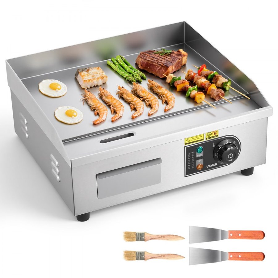 VEVOR Commercial Electric Grill, 450×300mm, 2800W, 50–300°C adjustable temperature control, stainless steel (outer shell), commercial flat grill pan, comes with 2 scrapers, 2 brushes and 4 feet, suitable for steaks and pancakes.