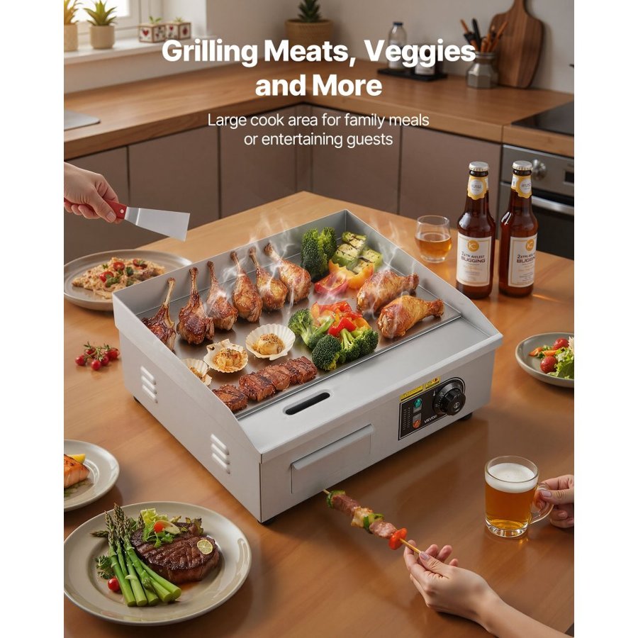 VEVOR Commercial Electric Grill, 450×300mm, 2800W, 50–300°C adjustable temperature control, stainless steel (outer shell), commercial flat grill pan, comes with 2 scrapers, 2 brushes and 4 feet, suitable for steaks and pancakes.