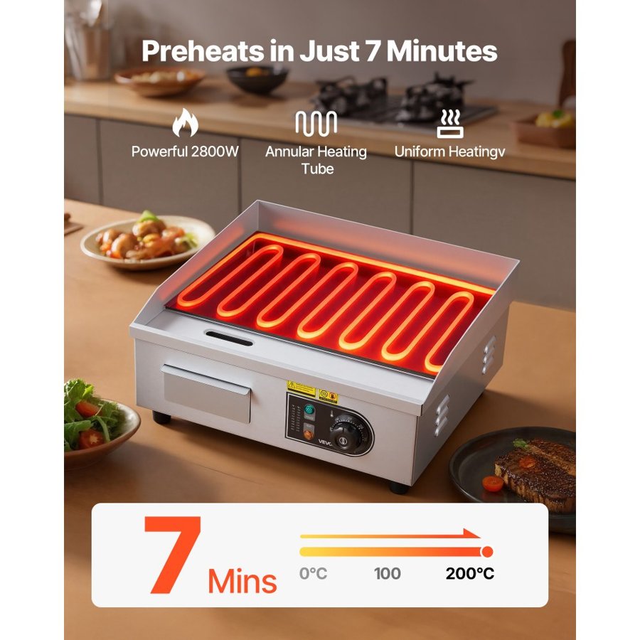 VEVOR Commercial Electric Grill, 450×300mm, 2800W, 50–300°C adjustable temperature control, stainless steel (outer shell), commercial flat grill pan, comes with 2 scrapers, 2 brushes and 4 feet, suitable for steaks and pancakes.