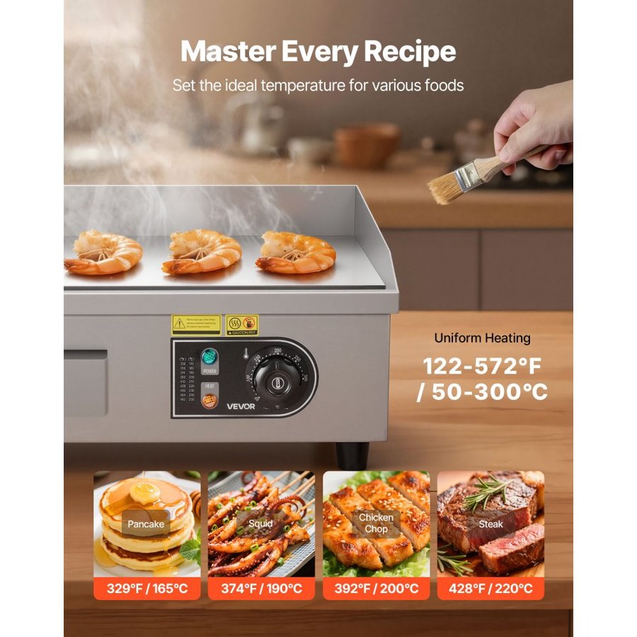 VEVOR Commercial Electric Grill, 450×300mm, 2800W, 50–300°C adjustable temperature control, stainless steel (outer shell), commercial flat grill pan, comes with 2 scrapers, 2 brushes and 4 feet, suitable for steaks and pancakes.