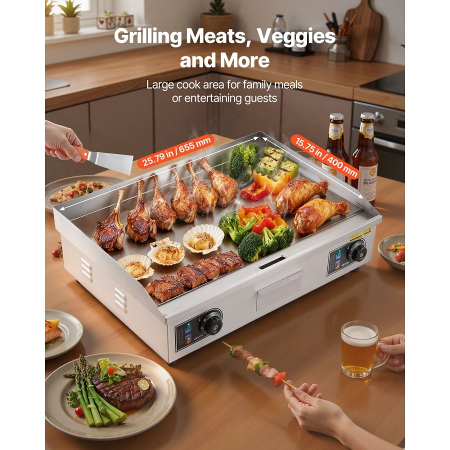 VEVOR Commercial Electric Grill, 655×400mm, 4000W, 50–300°C adjustable temperature control, stainless steel (outer shell), commercial grill pan, countertop flat grill pan, comes with 2 scrapers, 2 brushes and 4 feet, suitable for steaks (no plug).
