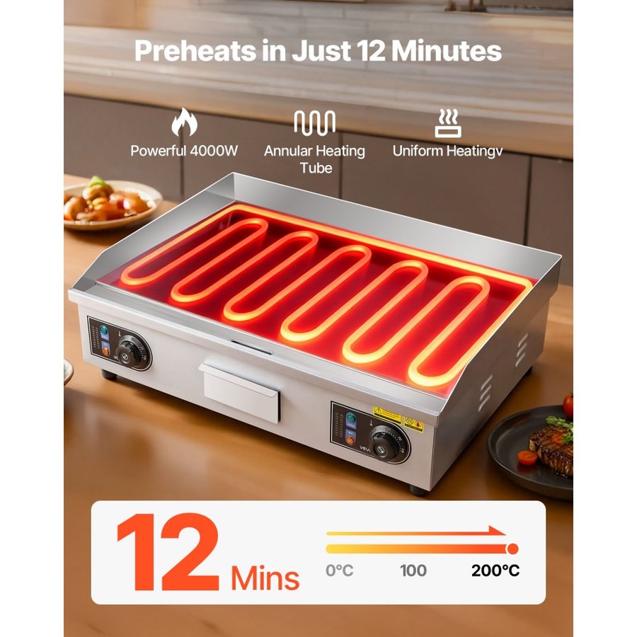 VEVOR Commercial Electric Grill, 655×400mm, 4000W, 50–300°C adjustable temperature control, stainless steel (outer shell), commercial grill pan, countertop flat grill pan, comes with 2 scrapers, 2 brushes and 4 feet, suitable for steaks (no plug).