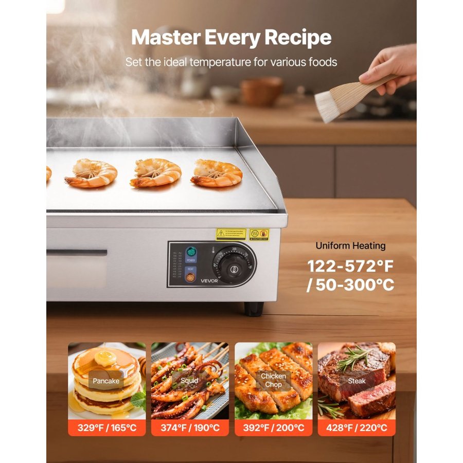 VEVOR Commercial Electric Grill, 655×400mm, 4000W, 50–300°C adjustable temperature control, stainless steel (outer shell), commercial grill pan, countertop flat grill pan, comes with 2 scrapers, 2 brushes and 4 feet, suitable for steaks (no plug).