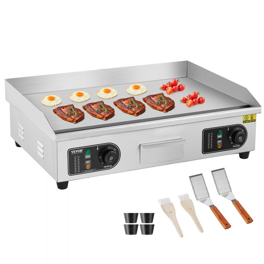 VEVOR Commercial Electric Griddle, 4000W Countertop Flat Top Grill, 122℉-572 ℉ Adjustable Temp, 25.98 x 15.75 x 0.39in Stainless Steel Griddle Grill with 2 Shovels and 2 Brushes for Home or Restaurant