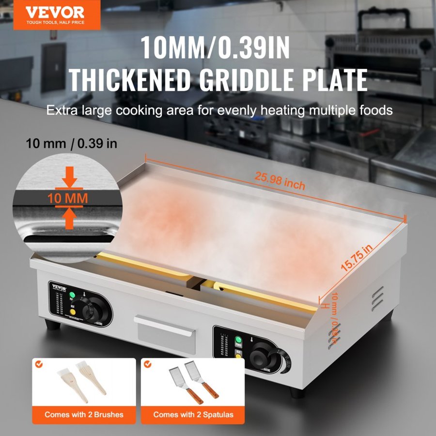 VEVOR Commercial Electric Griddle, 4000W Countertop Flat Top Grill, 122℉-572 ℉ Adjustable Temp, 25.98 x 15.75 x 0.39in Stainless Steel Griddle Grill with 2 Shovels and 2 Brushes for Home or Restaurant