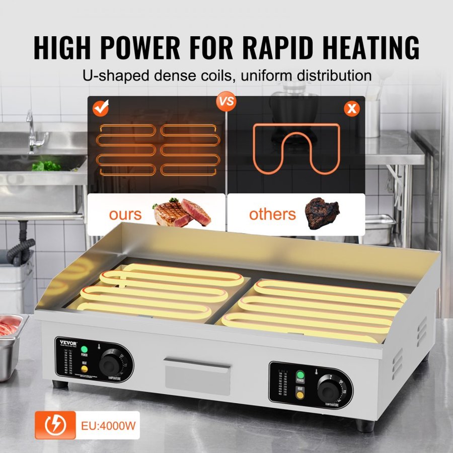 VEVOR Commercial Electric Griddle, 4000W Countertop Flat Top Grill, 122℉-572 ℉ Adjustable Temp, 25.98 x 15.75 x 0.39in Stainless Steel Griddle Grill with 2 Shovels and 2 Brushes for Home or Restaurant