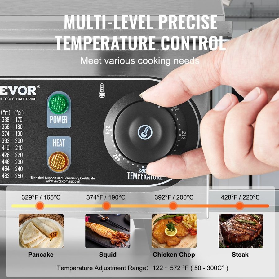 VEVOR Commercial Electric Griddle, 4000W Countertop Flat Top Grill, 122℉-572 ℉ Adjustable Temp, 25.98 x 15.75 x 0.39in Stainless Steel Griddle Grill with 2 Shovels and 2 Brushes for Home or Restaurant