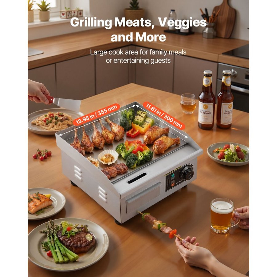 VEVOR Commercial Electric Grill, 355×300mm, 2000W, 50–300°C adjustable temperature control, stainless steel (outer shell), commercial flat grill pan, comes with 2 scrapers and 2 brushes, suitable for steaks, pancakes, and squid.