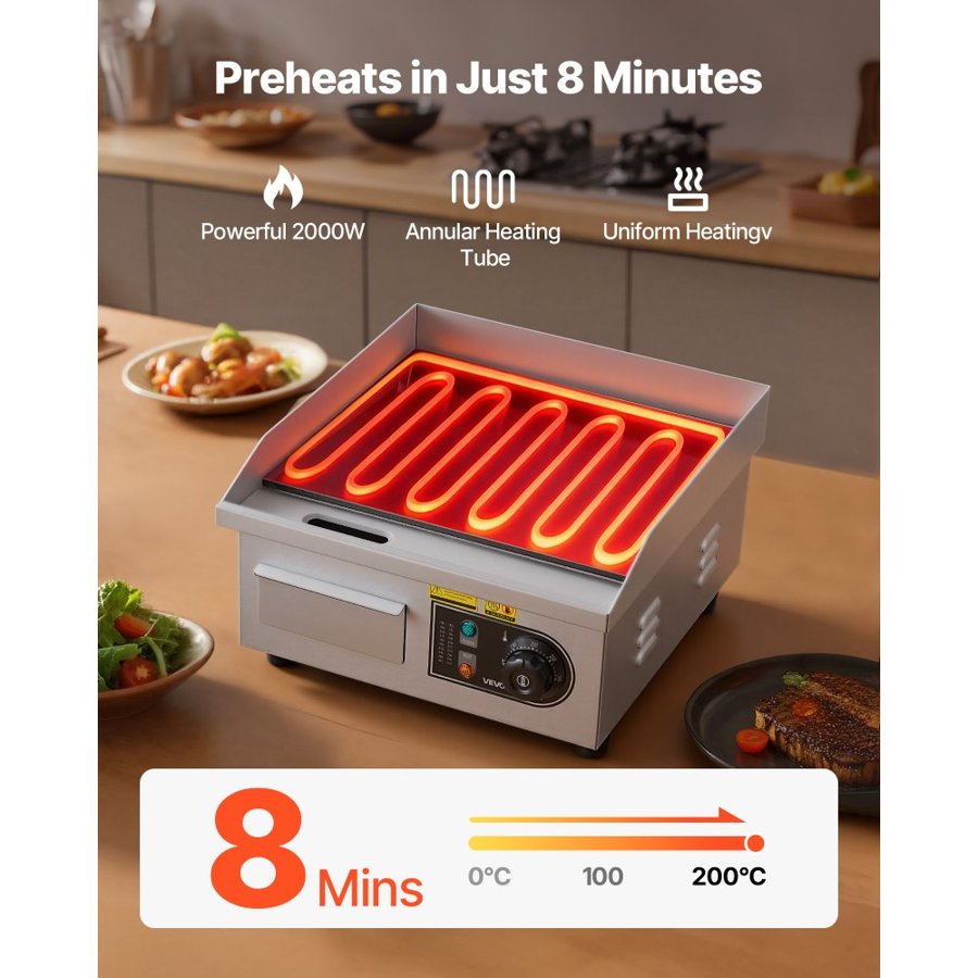 VEVOR Commercial Electric Grill, 355×300mm, 2000W, 50–300°C adjustable temperature control, stainless steel (outer shell), commercial flat grill pan, comes with 2 scrapers and 2 brushes, suitable for steaks, pancakes, and squid.