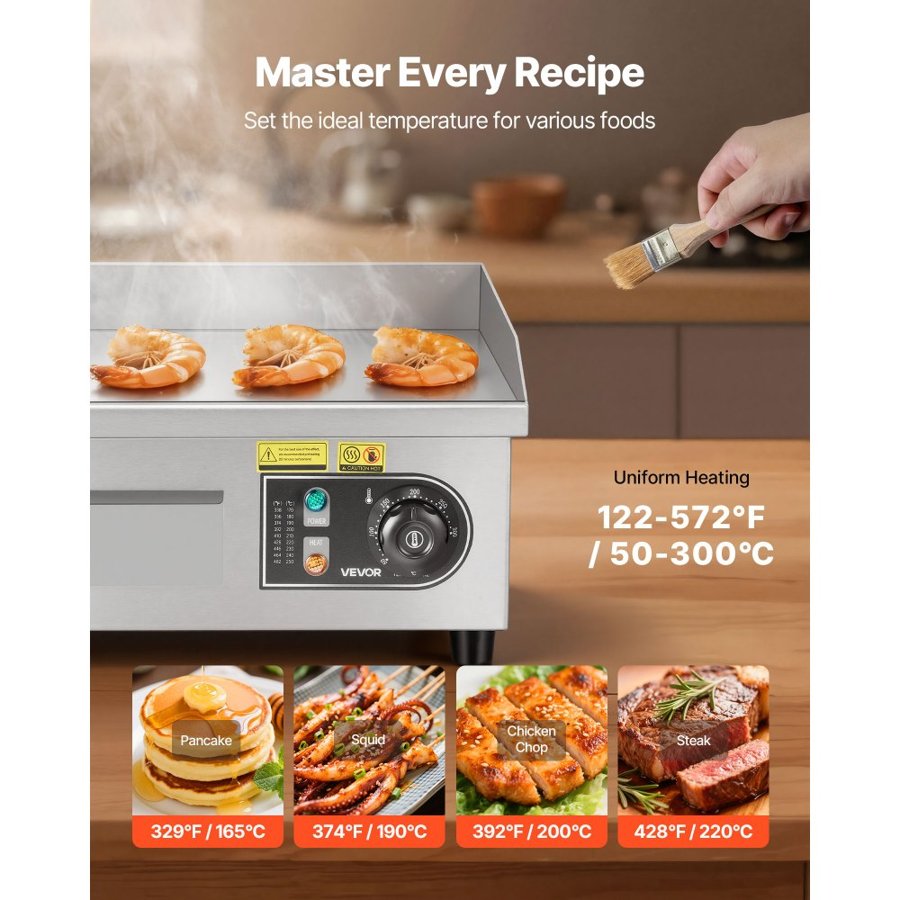 VEVOR Commercial Electric Grill, 355×300mm, 2000W, 50–300°C adjustable temperature control, stainless steel (outer shell), commercial flat grill pan, comes with 2 scrapers and 2 brushes, suitable for steaks, pancakes, and squid.