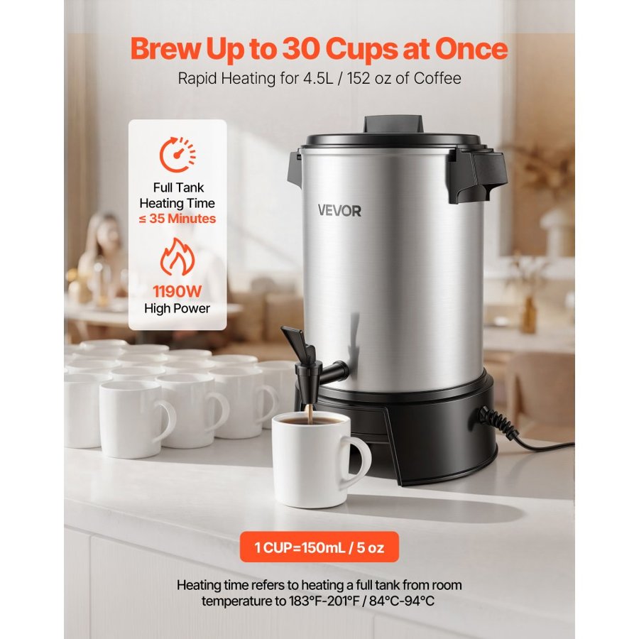 VEVOR Commercial Coffee Urn, 30 Cup 4.5L Hot Beverage Dispenser with Dripless Faucet, 1190W Quick-Brewing Coffee Maker, Automatic Temperature Control, for Catering, Party, Church & Restaurant
