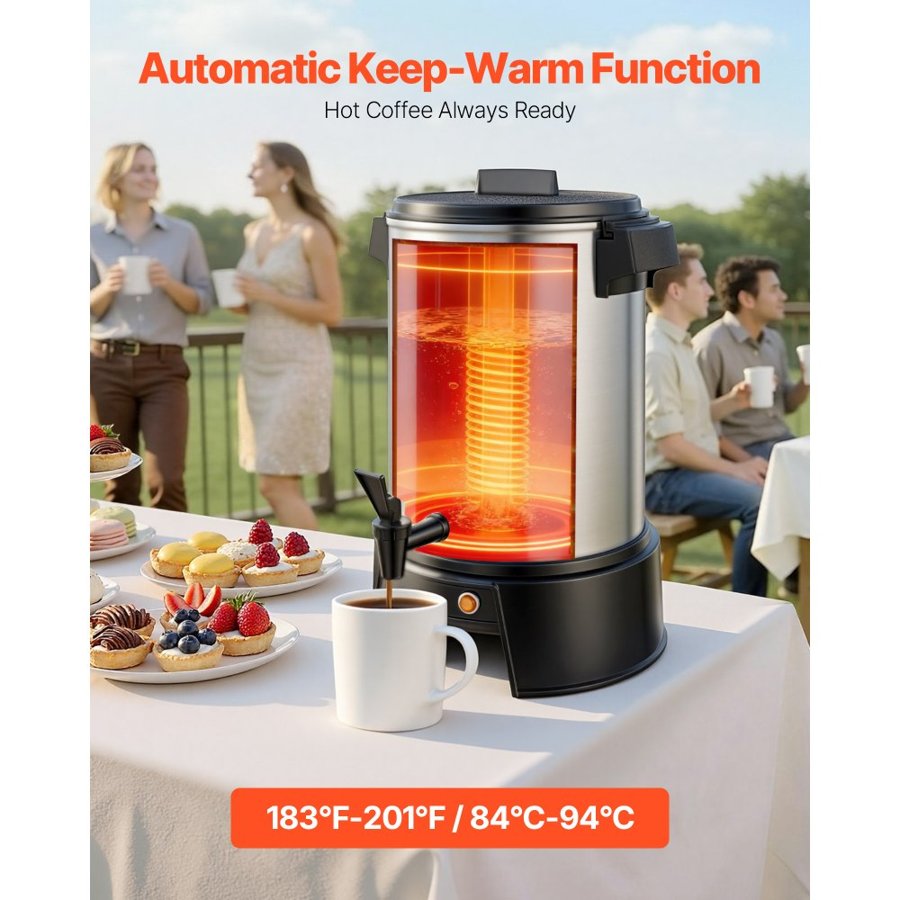 VEVOR Commercial Coffee Urn, 30 Cup 4.5L Hot Beverage Dispenser with Dripless Faucet, 1190W Quick-Brewing Coffee Maker, Automatic Temperature Control, for Catering, Party, Church & Restaurant