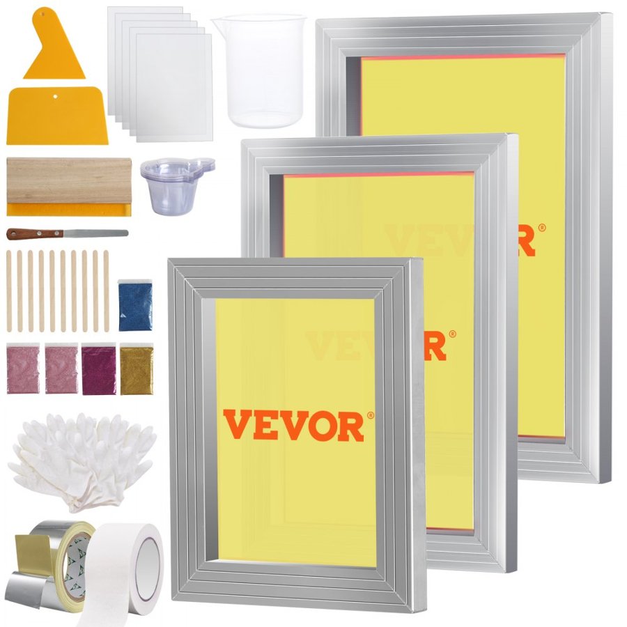 VEVOR Screen Printing Kit, 3 Pieces Aluminum Silk Screen Printing Frames 6x10/8x12/10x14inch 110 Count Mesh, 5 Glitters and Screen Printing Squeegees and Transparency Films for T-shirts DIY Printing