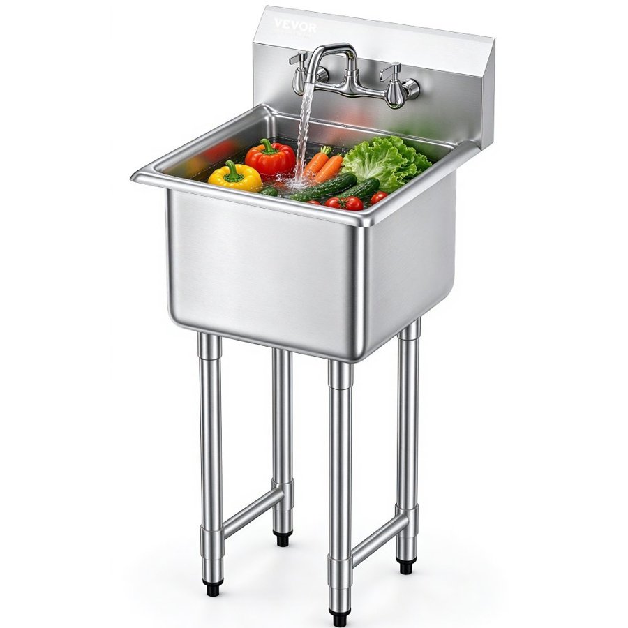 VEVOR Stainless Steel Prep & Utility Sink, 1 Compartment Free Standing Small Sink Include Faucet & legs, 45.7 x 104.1 cm Commercial Single Bowl Sinks for Garage, Restaurant, Kitchen, Laundry, NSF Certified