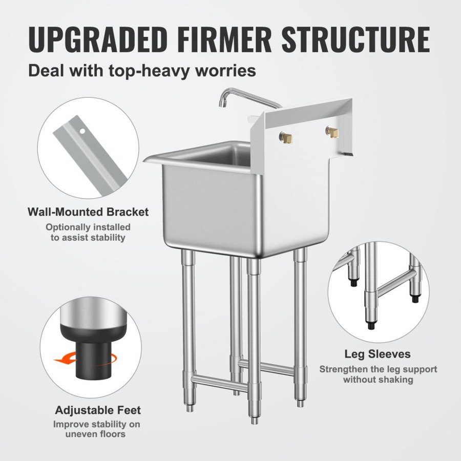 VEVOR Stainless Steel Prep & Utility Sink, 1 Compartment Free Standing Small Sink Include Faucet & legs, 45.7 x 104.1 cm Commercial Single Bowl Sinks for Garage, Restaurant, Kitchen, Laundry, NSF Certified