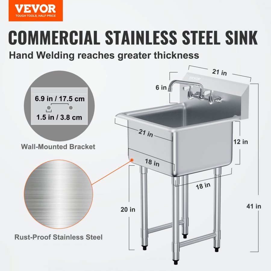 VEVOR Stainless Steel Prep & Utility Sink, 1 Compartment Free Standing Small Sink Include Faucet & legs, 533.4 x 1041 mm Commercial Single Bowl Sinks for Garage, Restaurant, Kitchen, Laundry