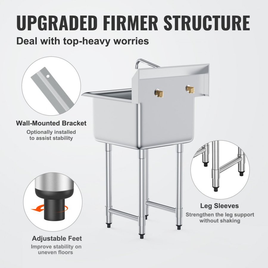 VEVOR Stainless Steel Prep & Utility Sink, 1 Compartment Free Standing Small Sink Include Faucet & legs, 533.4 x 1041 mm Commercial Single Bowl Sinks for Garage, Restaurant, Kitchen, Laundry