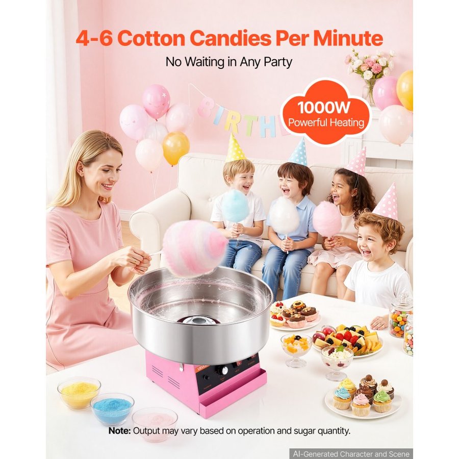VEVOR Cotton Candy Machine Commercial 1000W Electric Candy Floss Maker Pink, Ideal for Home, Carnival, Birthday, Family Party, Easy Use with 52 cm Stainless Steel Bowl, Storage Tray and Sugar Scoop