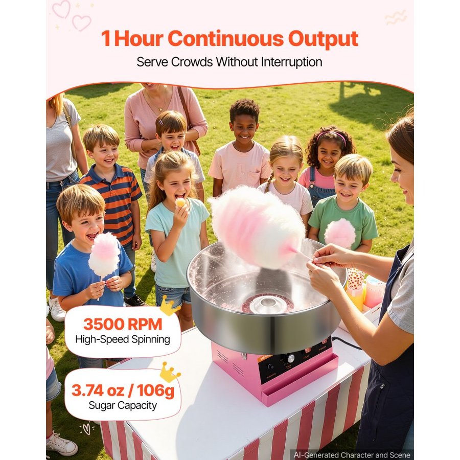 VEVOR Cotton Candy Machine Commercial 1000W Electric Candy Floss Maker Pink, Ideal for Home, Carnival, Birthday, Family Party, Easy Use with 52 cm Stainless Steel Bowl, Storage Tray and Sugar Scoop